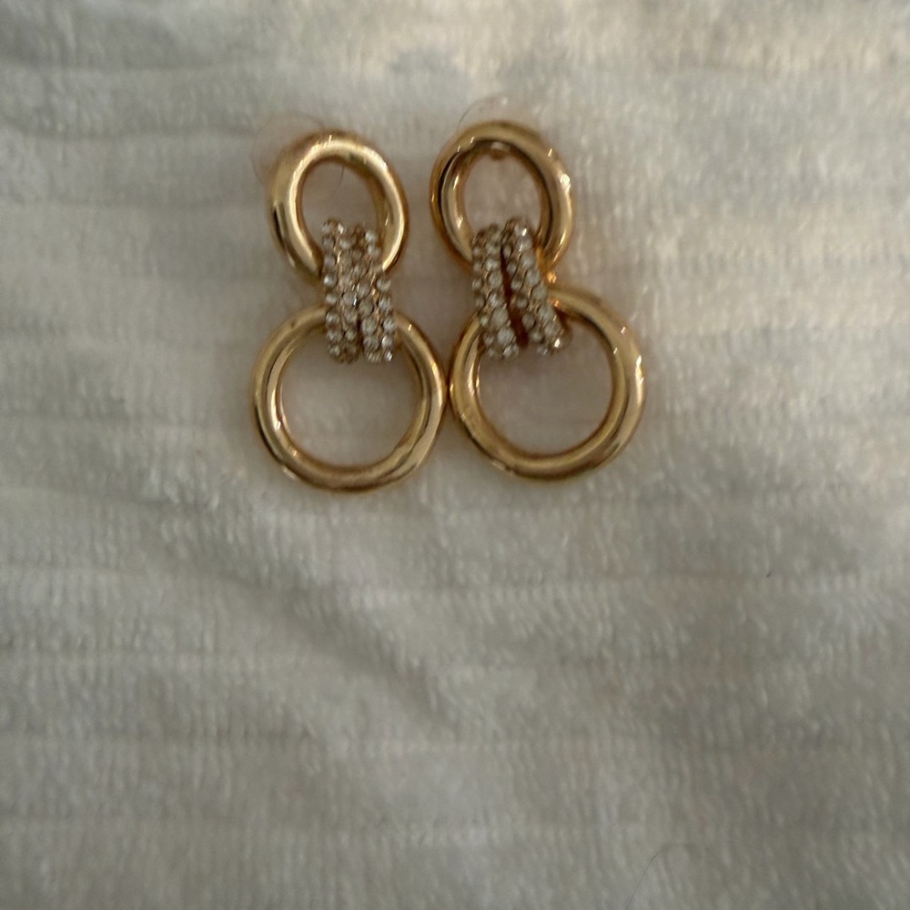 Jessica Simpson Gold Double Hoop Drop Earrings with Crystal Accents